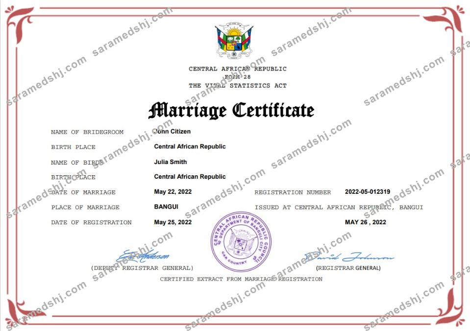 Central African Republic marriage certificate Word and PDF template